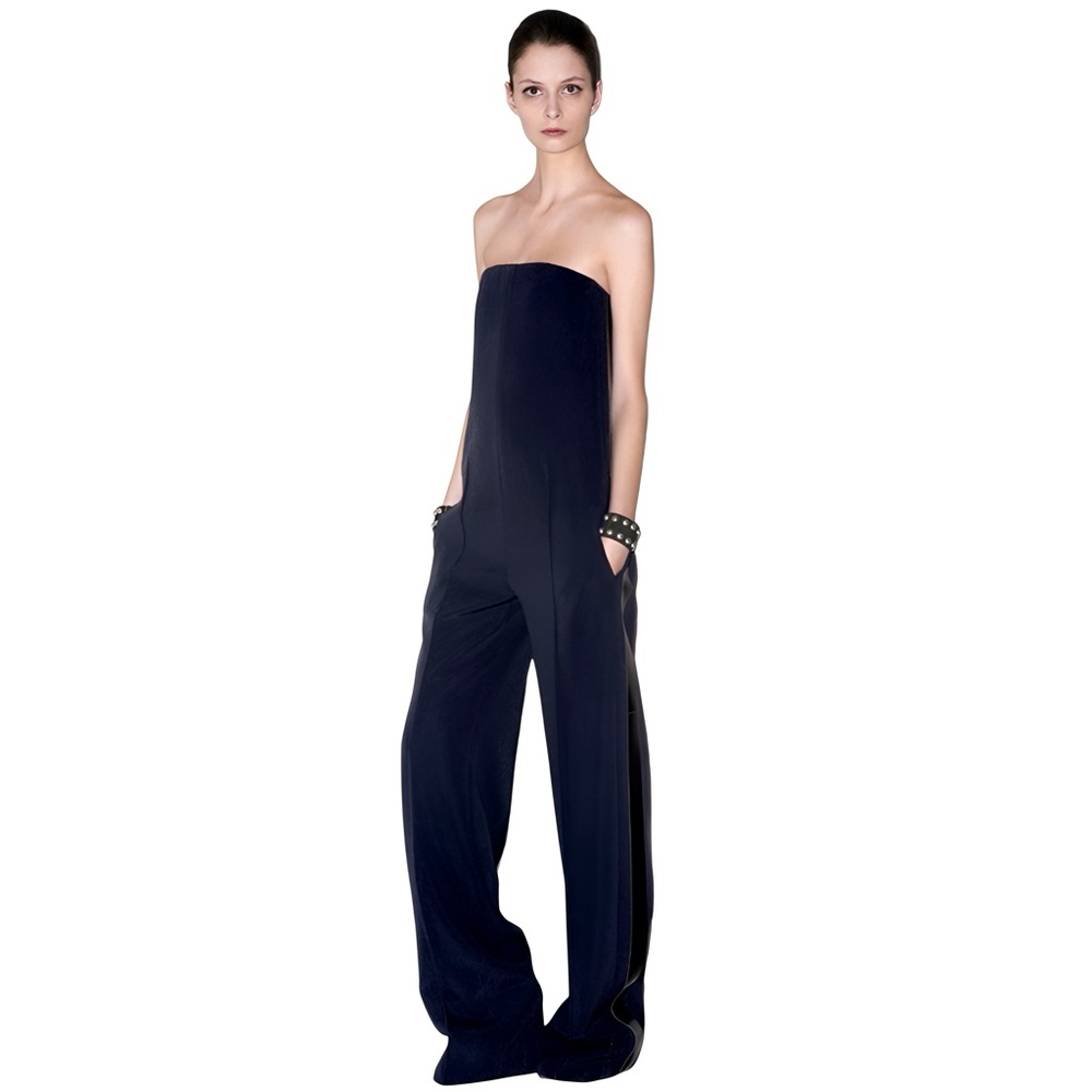CÉLINE BLACK STRAPLESS JUMPSUIT WITH LEATHER SIDE BANDS SIZE 38 BY PHOEBE PHILO